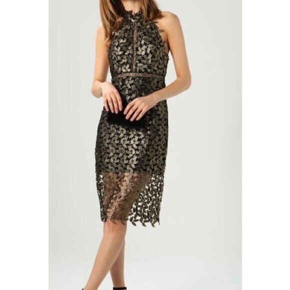 NWT Bardot Gold Leaf Halter Lace Sheath Night Out Holiday Cocktail Dress Women 6 - Picture 2 of 14